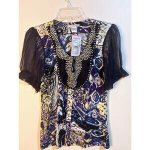 Alberto Mikali Abstract Print Beaded Short Sleeve‎ Top Size Small NWT